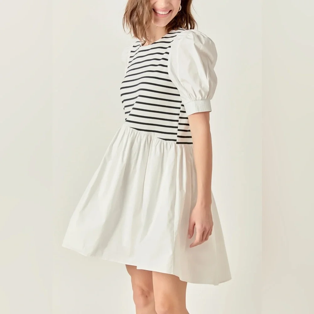 English Factory Puff Sleeve High Low Striped Mini Dress Small Anthropologie Chic - Picture 2 of 9